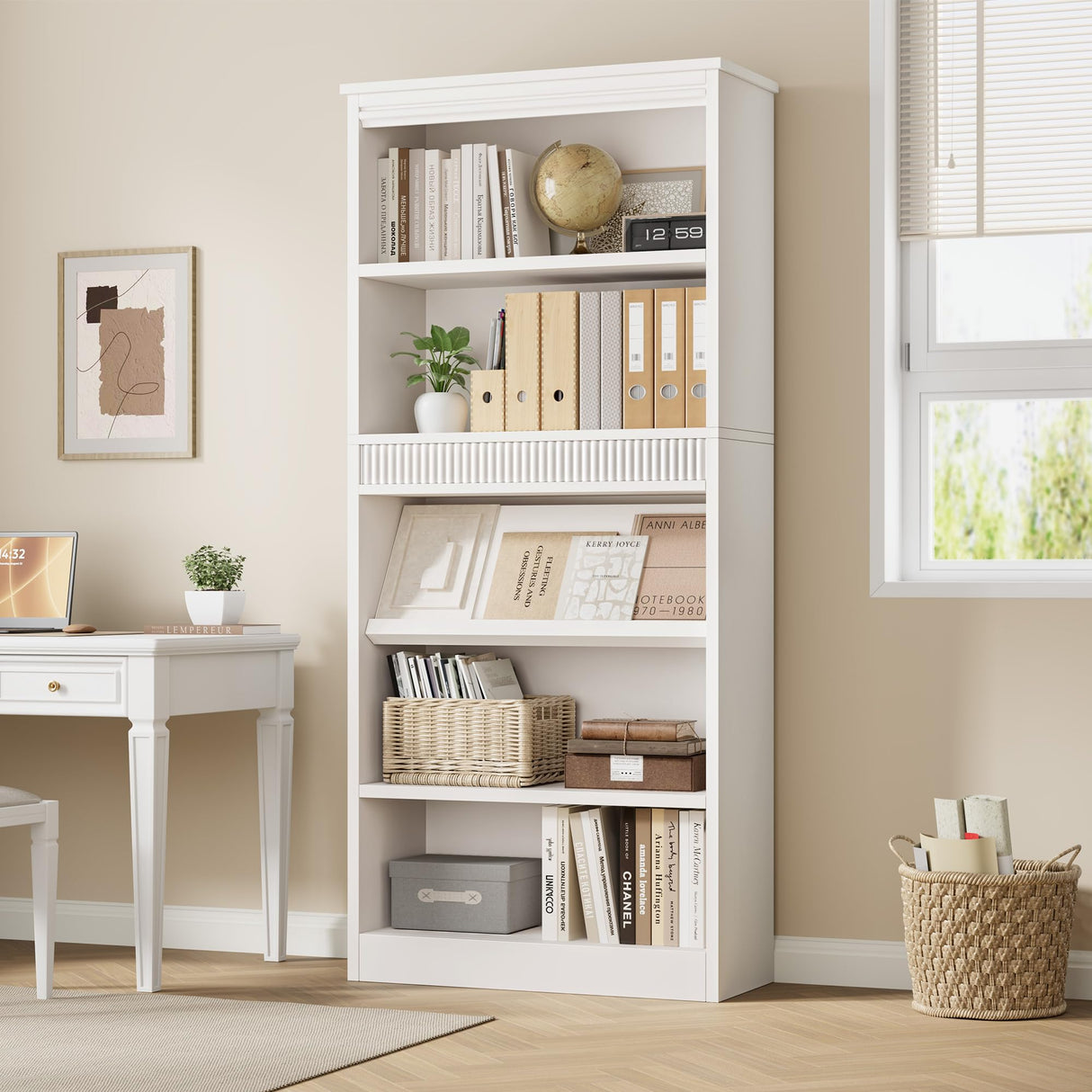 GarveeHome 71 in Farmhouse Bookcase w/Display Rack & Fluted Design, 5 Tier Tall Bookshelf with Wooden Base, Wood Bookshelf Vintage Book Shelf for Office Library (White, 71.5" H x 30.7" W x 11.9" D) GarveeHome