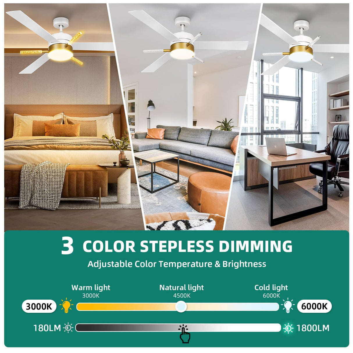 YITAHOME 60 inch Ceiling Fan with Light and Remote, Crystal Rod Design, Modern Chandelier Ceiling Fan with Reversible Quiet Motor, White Gold Indoor Ceiling Fan with 3 LED Colors, Memory Function YITAHOME