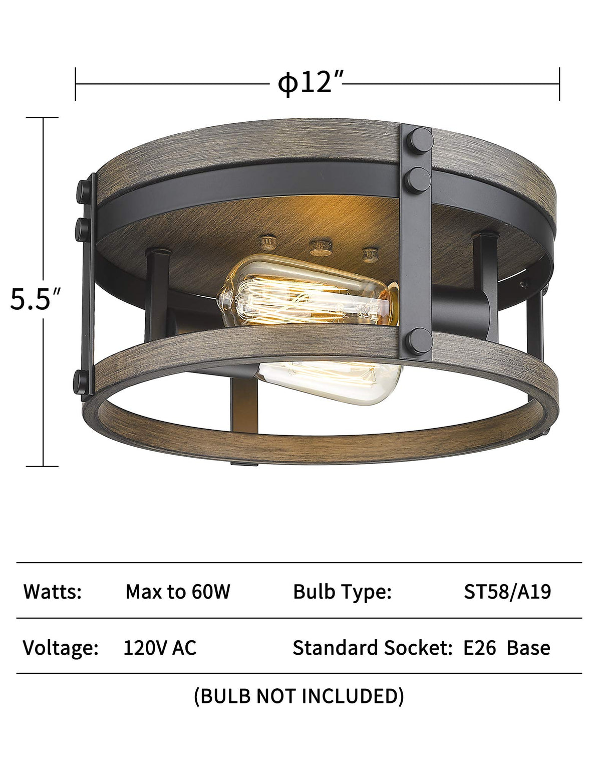 Osimir 2-Light Farmhouse Flush Mount Ceiling Light, 12 inch Kitchen Ceiling Light, Round Rustic Light Fixtures with Black & Wood Grain Finish for Entryway Hallway, OS-3016BK Osimir