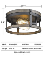 Osimir 2-Light Farmhouse Flush Mount Ceiling Light, 12 inch Kitchen Ceiling Light, Round Rustic Light Fixtures with Black & Wood Grain Finish for Entryway Hallway, OS-3016BK Osimir