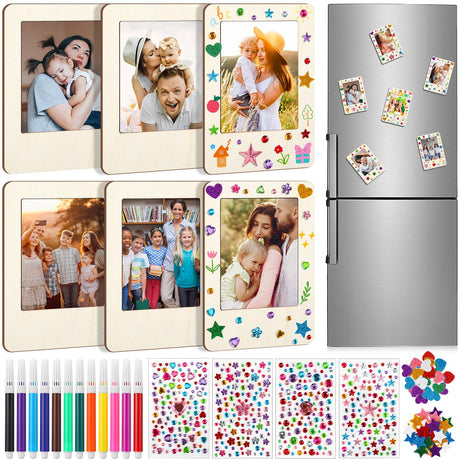 Yalikop 6 Pack Wooden Picture Frames for Crafts Unfinished Magnetic Picture Photo Frame with 12 Watercolor Pencils, Stickers, Mini Wood Fridge Magnetic Frames Display DIY Gifts for Refrigerator Yalikop