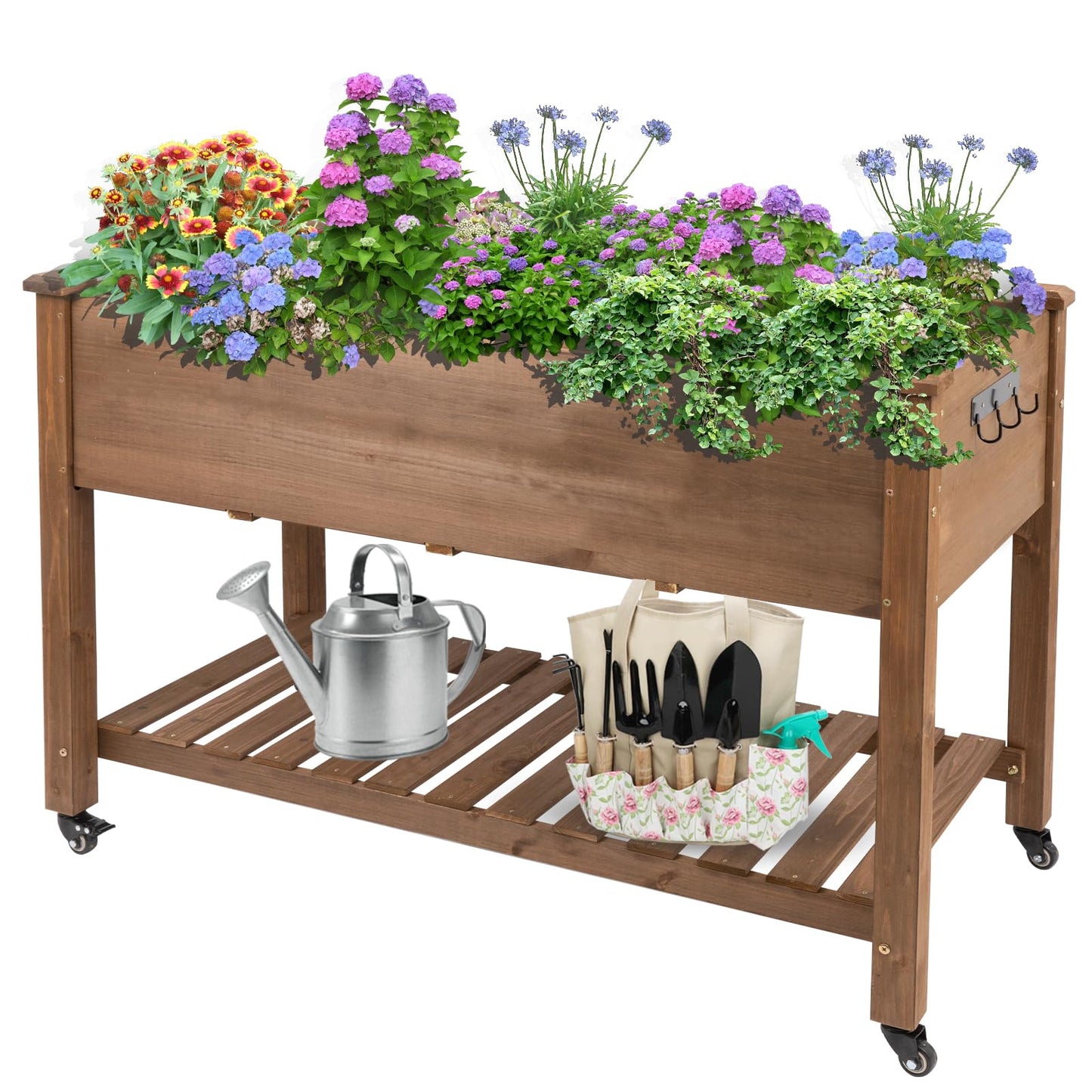 ketive Raised Garden Bed Outdoor, Mobile Elevated Wood Planter with Lockable Wheels, Storage Shelf, Protective Liner for Backyard, Patio, Balcony, Brown, 48x24x33in