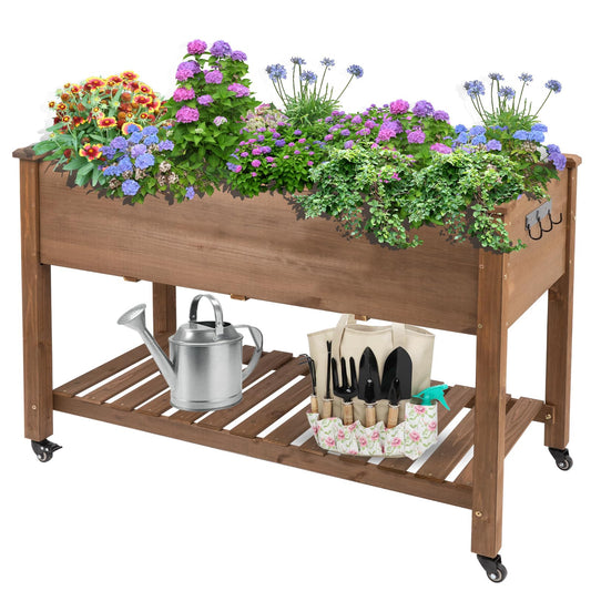 ketive Raised Garden Bed Outdoor, Mobile Elevated Wood Planter with Lockable Wheels, Storage Shelf, Protective Liner for Backyard, Patio, Balcony, Brown, 48x24x33in - WoodArtSupply