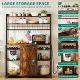 YITAHOME Large Bakers Rack with Power Outlet and Storage Cabinet, 47 Inch Farmhouse Coffee Bar Cabinet, Kitchen Microwave Stand with Wine Shelves and 12 Hooks, Rustic Brown YITAHOME