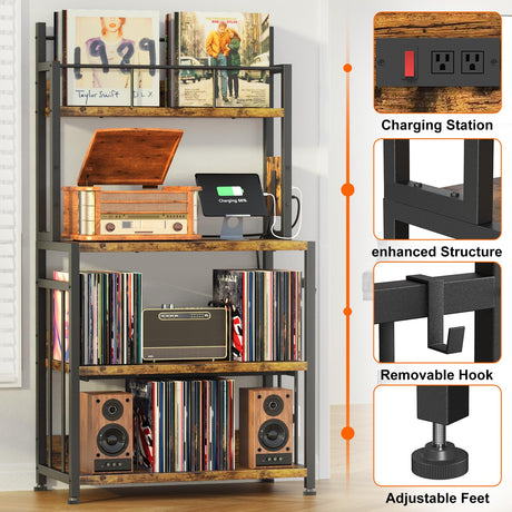 EasyCom Record Player Stand with Vinyl Storage, Turntable Stand Holds Up to 300 Albums, Large Record Player Table with Charge Station, Vinyl Record Stand for Living Room Bedroom EasyCom