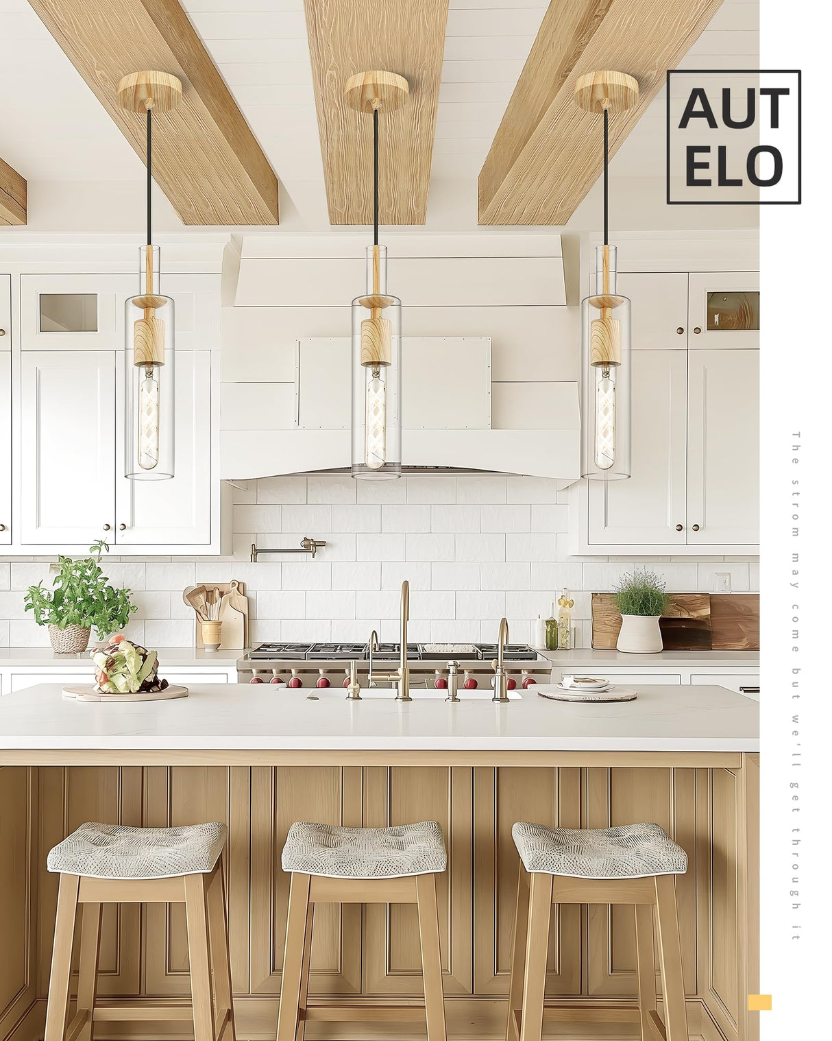 AUTELO 1-Light Pendant Lights - Vintage Pendant Lights Kitchen Island, Light Wood Grain Hanging Light with Clear Cylinder Glass, Pendant Light Fixtures for Kitchen Island Dining Room Bathroom H3875 LW AUTELO