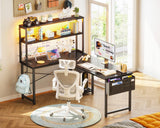 AODK L Shaped Desk Gaming Desk with LED Light & Power Outlet, 53 Inch Reversible L Shaped Computer Desk with Shelf, Corner Desk with Storage Bag&Hook for Home Office Desk, Black AODK