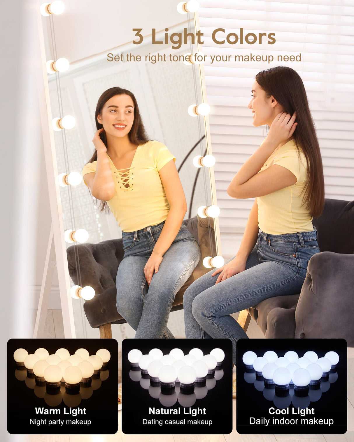 Brightown 14 Bulb Dimmable Hollywood Makeup Mirror Lights, 22Ft Adjustable Vanity Lighting Fixtures for Full Length Mirror (Mirror Not Included) Brightown