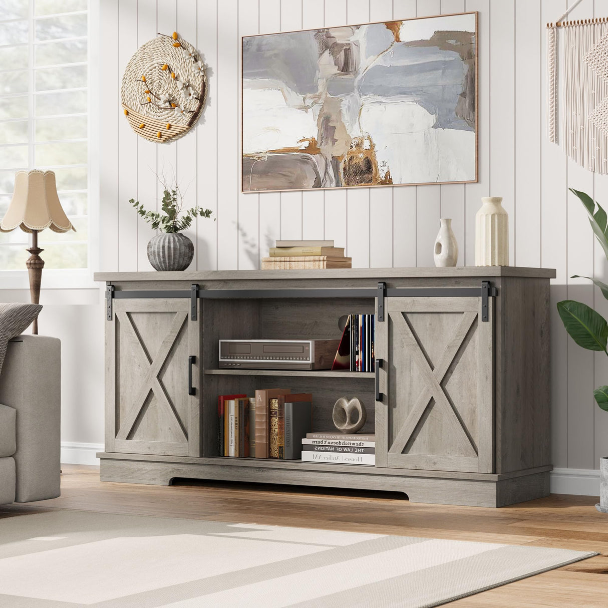IDEALHOUSE Farmhouse Tv Stand for 65 Inches TVs, Entertainment Center with Storage and Sliding Barn Doors, Adjustable Shelf Modern Media TV Console TV Stand Table for Living Room, Bedroom, Grey IDEALHOUSE