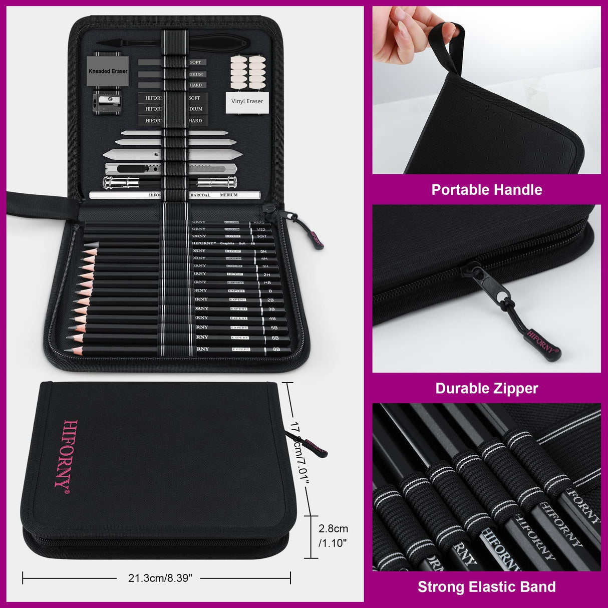 HIFORNY 42 PCS Drawing Set, Sketching Kit with Graphite & Charcoal Pencils, Blending Tools, Erasers & Accessories, Portable Zippered Travel Case for Artists & Beginners HIFORNY