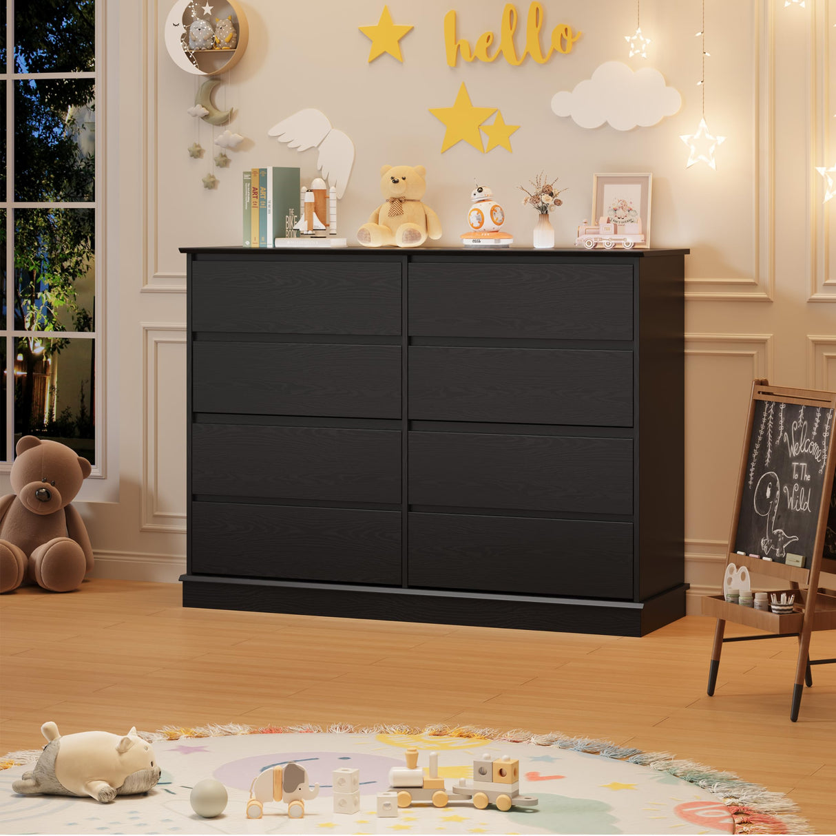 Black 8 Drawer Dressers for Bedroom, Chest of Drawers with Deep Drawers, Large Double Dresser for Closet with Wide Top, Horizontal Wooden Dresser for Living Room, Hallway, Kids Room GarveeHome