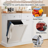 AHB 13 Gallons Tilt Out Trash Cabinet Kitchen Trash Bin Cabinet Free Standing Recycling Trash Can Cabinet with Hideaway Drawers Pet Proof Trash Can Holder for Kitchen Living Room, White AHB