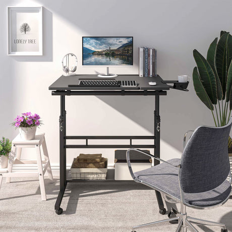 Panta Mobile Standing Desk, Adjustable Rolling Computer Desk with 3 Desktops, Portable Laptop Table with Desk Cup Holder, Home Office Laptop Workstation on Lockable Wheels, Black Panta
