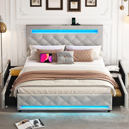 HOMFAMILIA Queen LED Bed Frame with 4 Storage Drawers and 2 USB Ports, Modern Adjustable Upholstered Button Tufted Headboard, Solid Wooden Slat Support, No Box Spring Needed, Light Grey