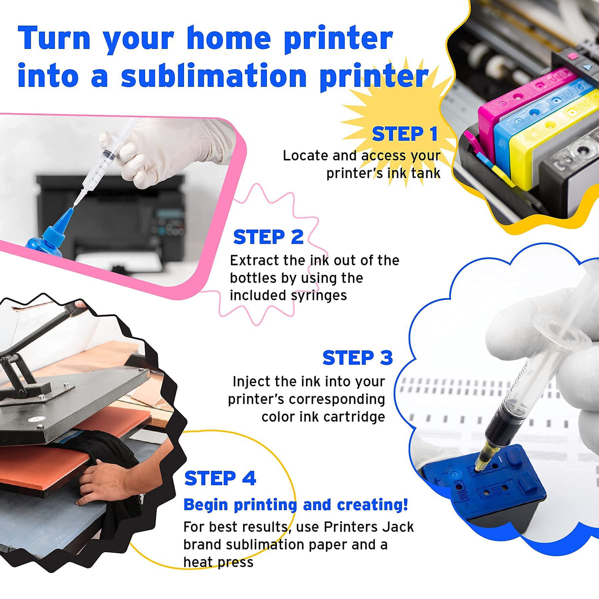 Printers Jack 400ML Sublimation Ink for Supertank 15000 C88 C88+ WF7720 ET2720 ET4760 ET2760 ET2750 WF7820 Inkjet Printers Heat Press Transfer on Mugs, Plates, Polyester Shirts, Phone Cases etc Printers Jack