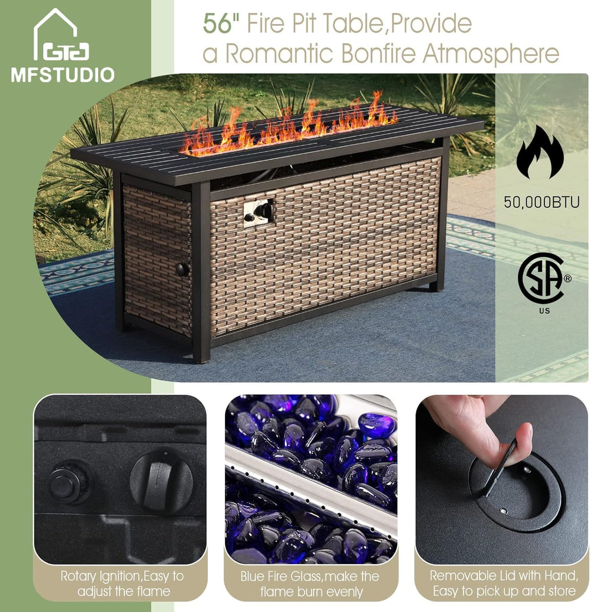 MFSTUDIO 9 Piece Extra Large Wicker Patio Furniture Set with 56" Fire Pit Table, All-Weather Rattan Sectional Sofa Patio Conversation Set with 50000 BTU CSA Approved Fire Pit & Aqua Blue Cushion MFSTUDIO