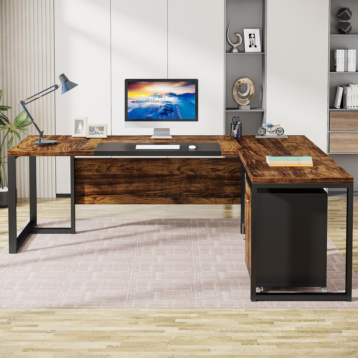 Tribesigns 70.8-Inch Executive Desk with File Cabinet, Large L Shaped Computer Desk with Storage Cabinet, L Shaped Desk with Drawer Cabinet, Rustic Brown & Black Tribesigns