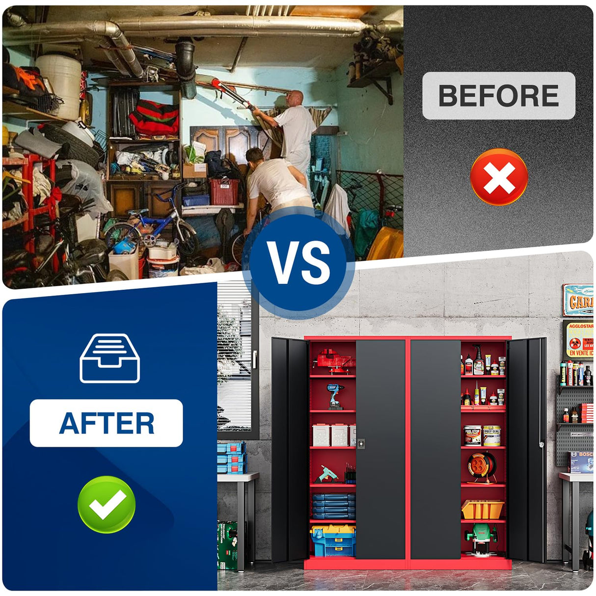 Fesbos Metal Storage Cabinet-72” Tall Steel File Cabinets with Lockable Doors and Adjustable Shelves-Black&Red Steel Storage Cabinet for Kitchen, Office, Garage Fesbos