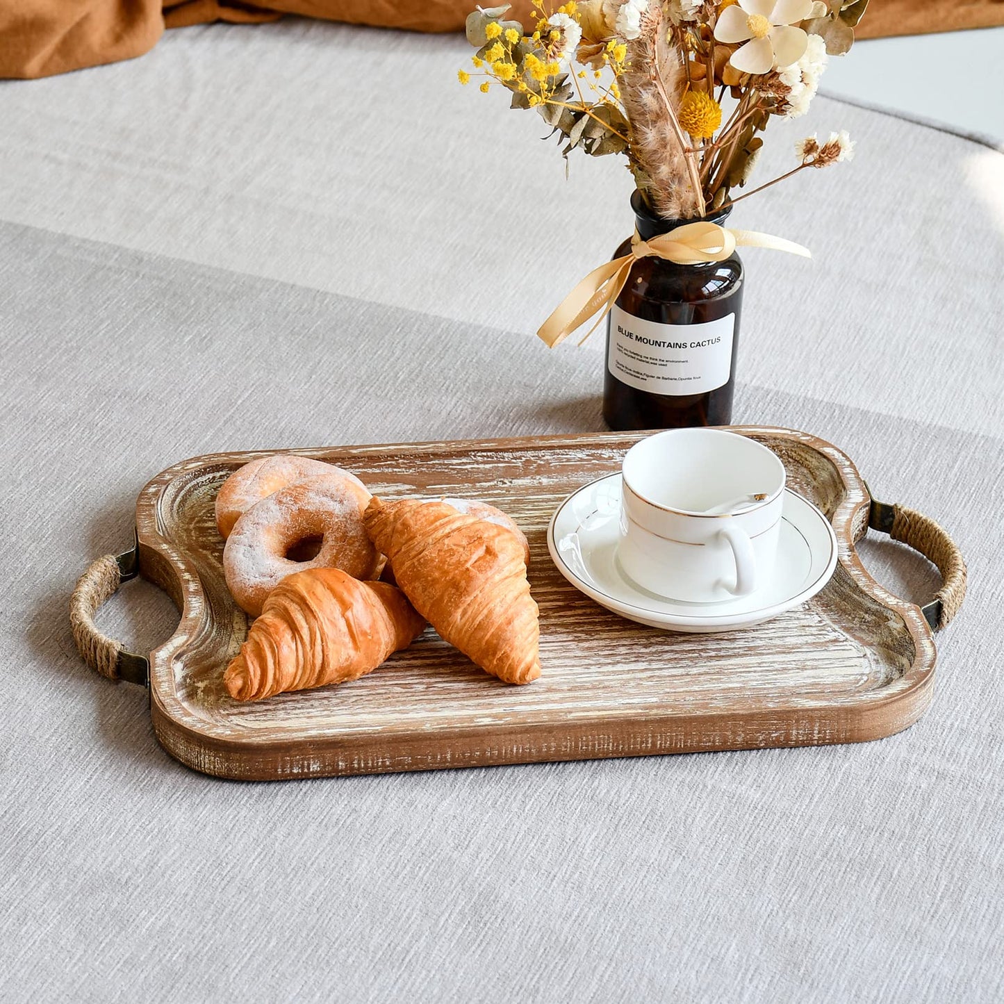 Rustic Wood Serving Tray with Metal Twine Handles Set of 2 Rectangular Decorative Trays Farmhouse Platter for Food, Fruit, and Coffee Great for Bed, Patio, Ottoman, Coffee Table, Kitchen, or  - WoodArtSupply