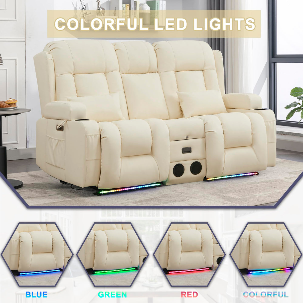 URRED Power Reclining Loveseat Sofa with Console, RV Couch Loveseat Recliner Sofa with Massage & Heat, LED Light, Cupholders, Bluetooth Speakers, USB Charge Ports, Outlets, Faux Leather, Ivory URRED