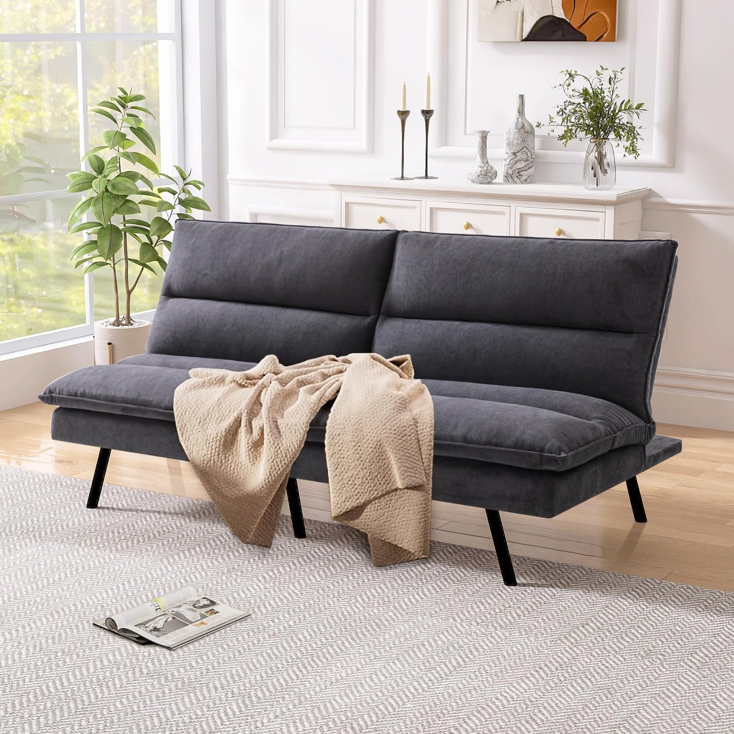 AMICLIBER Memory Foam Futon Sofa Bed,Linen Fabric Futon Couch,Convertible Armless Futons,Small Splitback Loveseat Sleeper Sofa Bed for Living Room,Office,Apartment,Pure Black