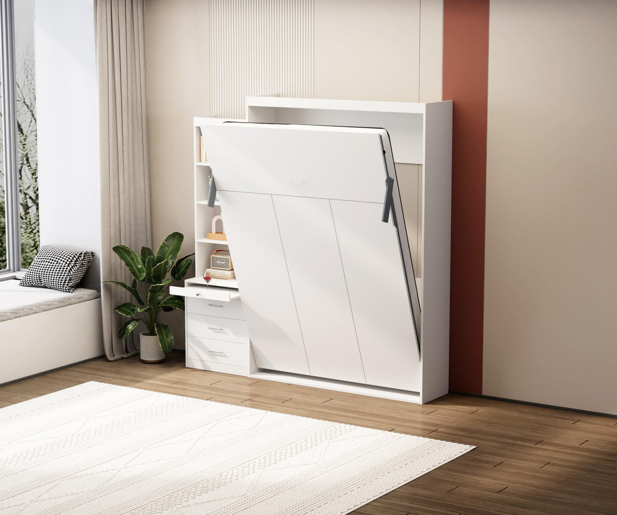 Favfurish Full Size Murphy Bed Chest, with Shelf and Drawers Wall Bed Space Saving Hidden Bed,can be Folded, Solid Pine Platform Bedframe,for Home, Office, Small Room, Living Room,Guest Room,White Favfurish