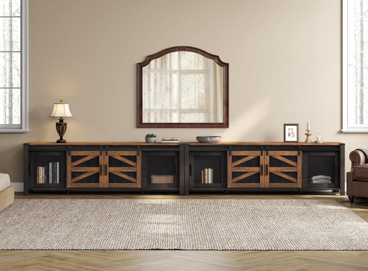 WAMPAT Farmhouse TV Stand for 100 Inch TV with Sliding Barn Door, Set of Two Modern Wood Entertainment Center with Storage Cabinets, Media Console Table for Living Room Bedroom，Dark Walnut and Black WAMPAT