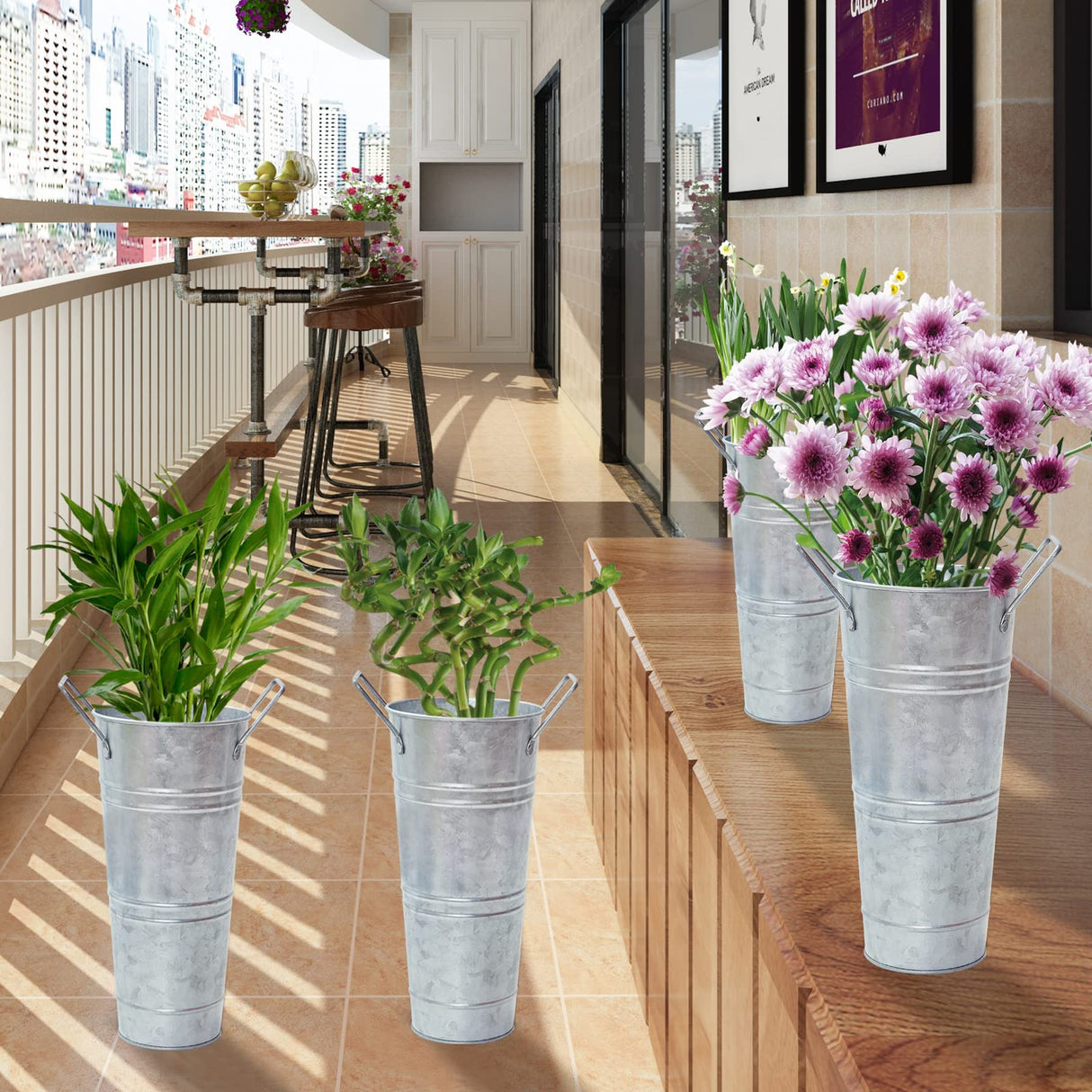 Notakia Galvanized Metal Vases Farmhouse French Flower Bucket Vases for Cut Flowers for Home Decor and Wedding Table Centerpiece Decorations (9.05in Silver 4Pcs) Notakia