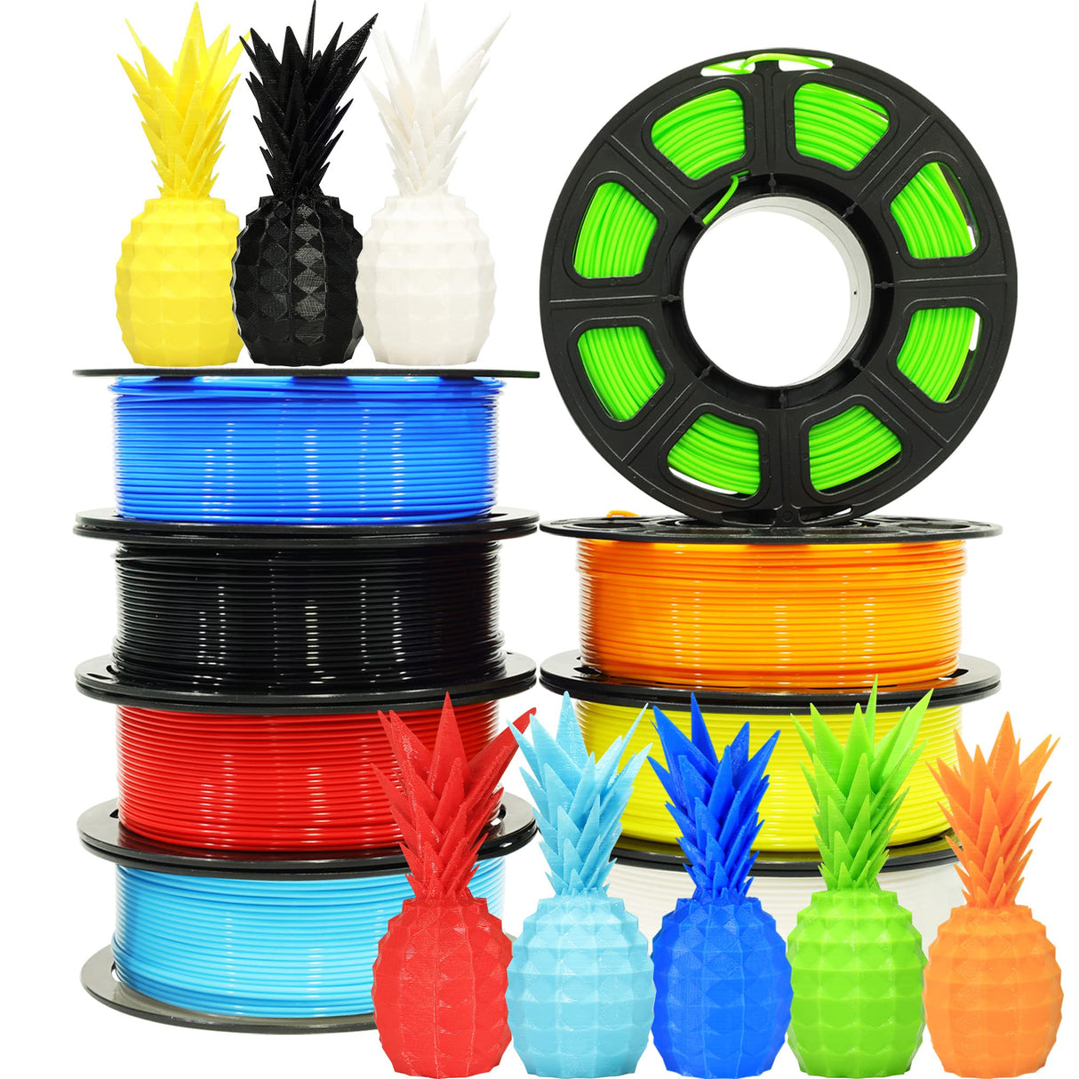 1.75mm 8 Spools Popular Colors 3D Printer PLA Filament Bundle Pack: Black White Red Blue Yellow Orange Limegreen SkyBlue, Each Spool 250g, Widely Compatible, Total 2Kg 3D Printing Filament Bblife
