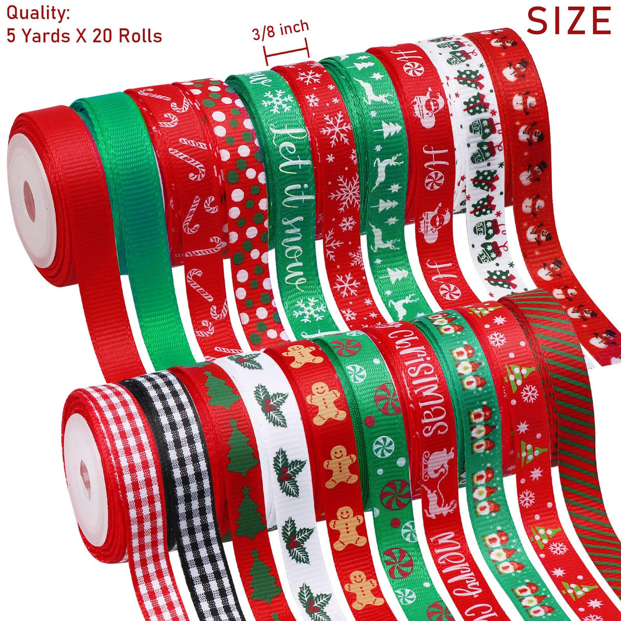 Vloso 20 Rolls 100 Yards Christmas Ribbon for Gift Wrapping,3/8 Inch Christmas Grosgrain Ribbon,Christmas Ribbon for Crafts DIY Holiday Christmas Decorations Vloso