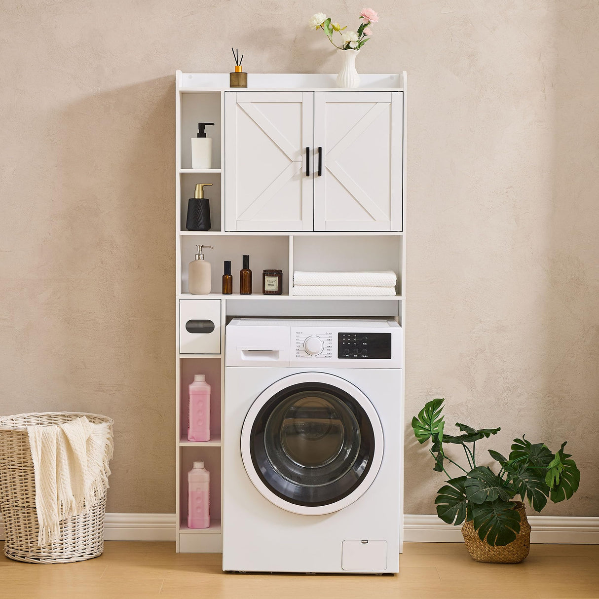 Viroformo Over The Toilet Storage Cabinet, 32 Inches Width Farmhouse Storage Cabinet Over Toilet with 2 Barn Door, Toilet Paper Holder Stand, Toilet Rack for Bathroom, Laundry, Restroom, White Viroformo