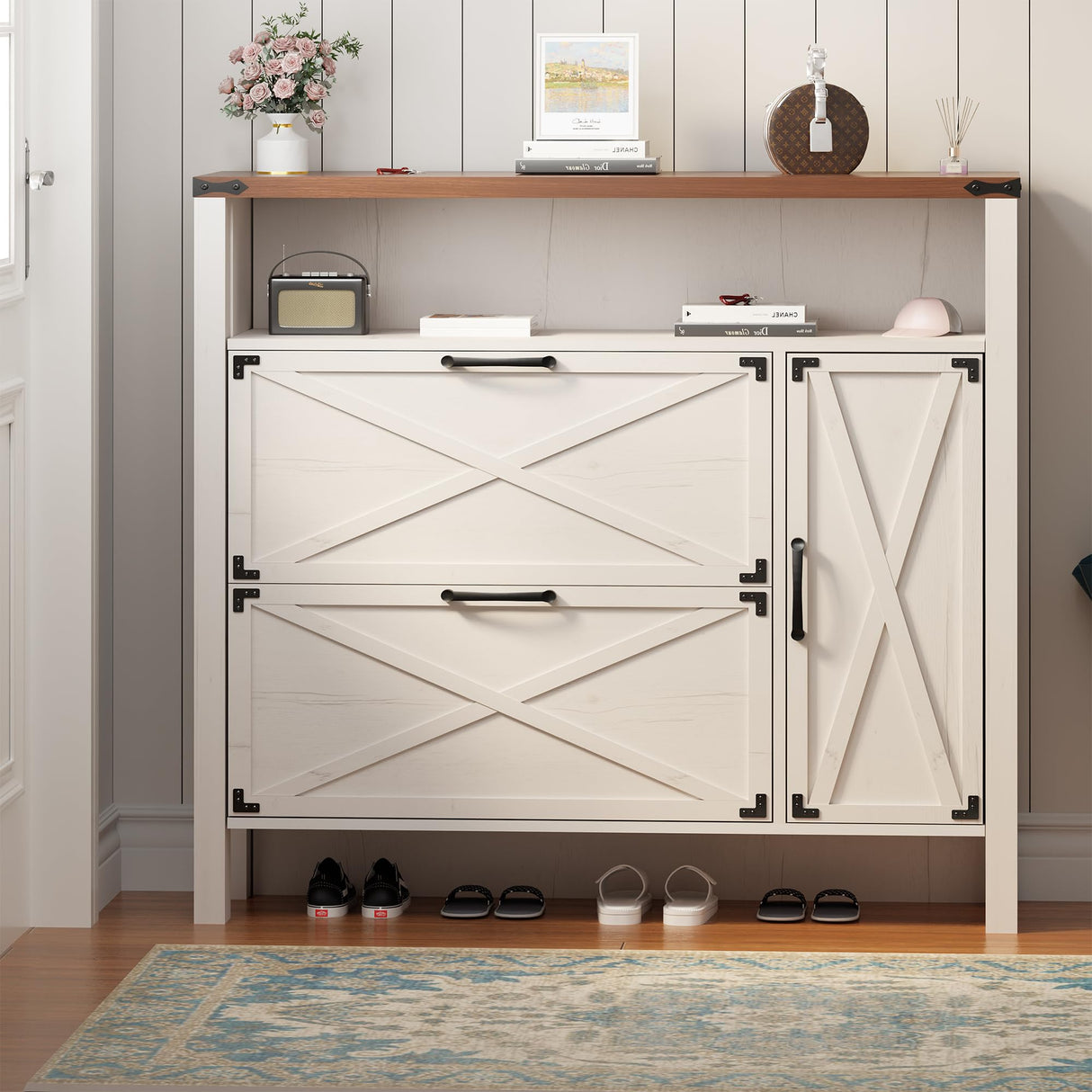 BEWISHOME Shoe Cabinet with 2 Flip Drawers & Adjustable Side Cabinet，Freestanding Shoe Storage Cabinet with Lights, Narrow Entryway Storage for Hallway Living Room Farmhouse,White, KXG03W BEWISHOME