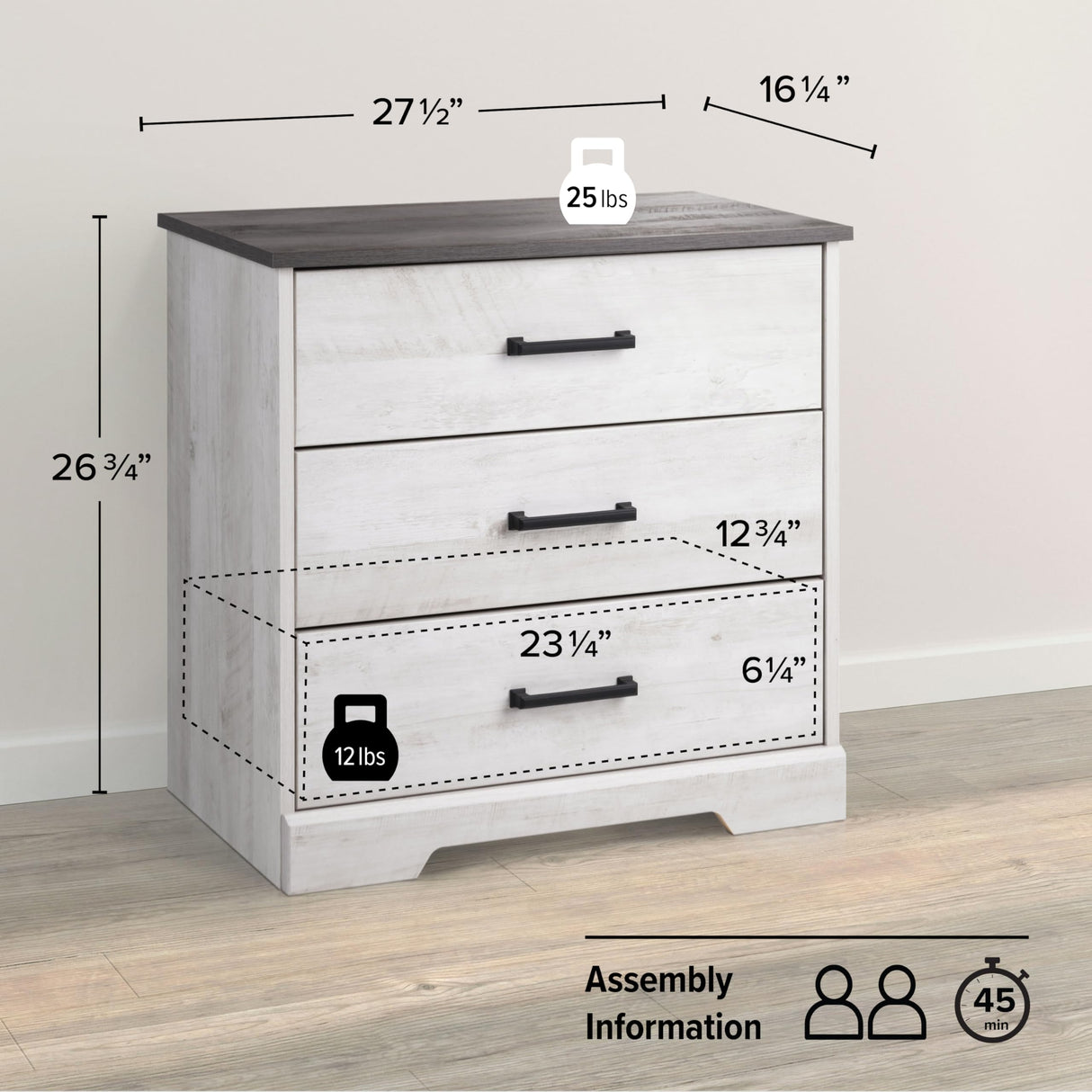 Prepac Rustic Ridge Farmhouse 3-Drawer Nightstand, Washed White, ADNR-1603-1 Prepac