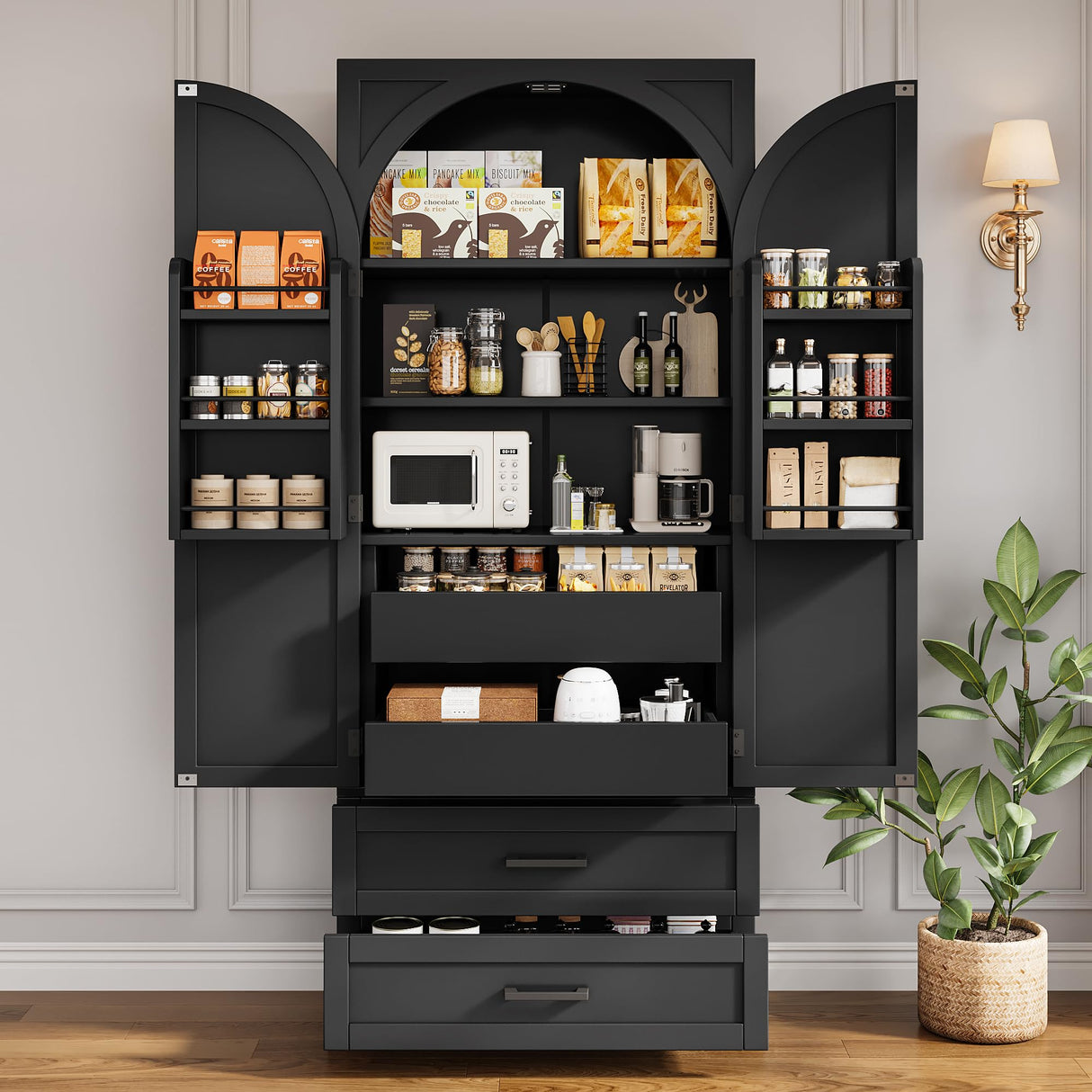 iPormis 71" Tall Kitchen Pantry Storage Cabinet w/Adjustable Shelf, Large Drawers & Door Shelves, Freestanding Kitchen Cupboard for Dining Room/Living Room, Black iPormis