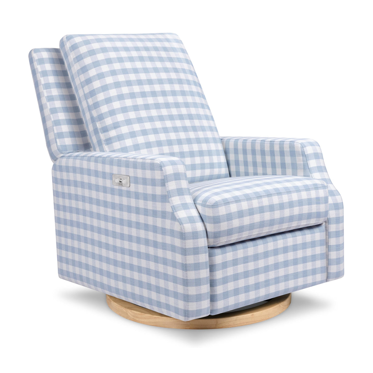 NAMESAKE Crewe Electronic Recliner and Swivel Glider in Blue Gingham with Light Wood Base, Greenguard Gold & CertiPUR-US Certified NAMESAKE