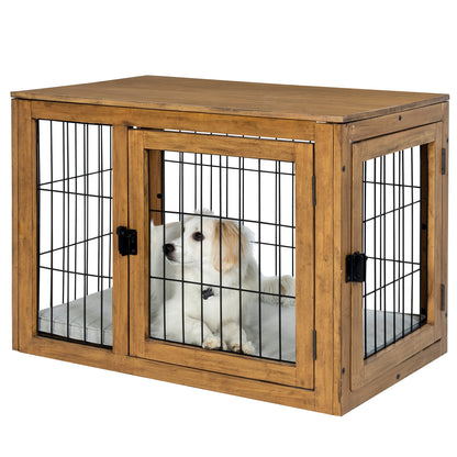 Furniture-Style Dog Crate - Acacia Wood Kennel for Medium Dogs with Double Doors and Cushion - Dog Cage Furniture by PETMAKER (Natural)