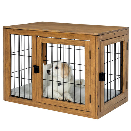 Furniture-Style Dog Crate - Acacia Wood Kennel for Medium Dogs with Double Doors and Cushion - Dog Cage Furniture by PETMAKER (Natural) PETMAKER