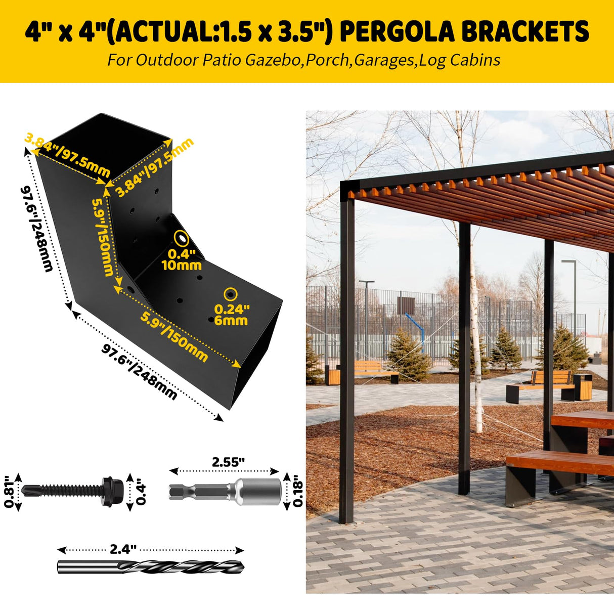DEVALLEY 2-Way Pergola Brackets Kit, DIY L-Shaped Woodwork Brackets for 4" x 4" (Actual:3.5"x3.5") Lumber for Patio Pergolas, Gazebos, Log Cabin W/Hardware - 1 Pack DEVALLEY