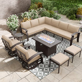ASJMR 10-seat Aluminum Patio Furniture Set with Fire Pit Table, L-Shaped Sectional Sofa with 5.1" Cushions, High Backrest & 2 Footstools, Durable Outdoor patio Furniture Set, Backyard, Poolside - Sand ASJMR