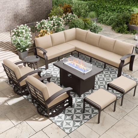 ASJMR 10-seat Aluminum Patio Furniture Set with Fire Pit Table, L-Shaped Sectional Sofa with 5.1" Cushions, High Backrest & 2 Footstools, Durable Outdoor patio Furniture Set, Backyard, Poolside - Sand ASJMR