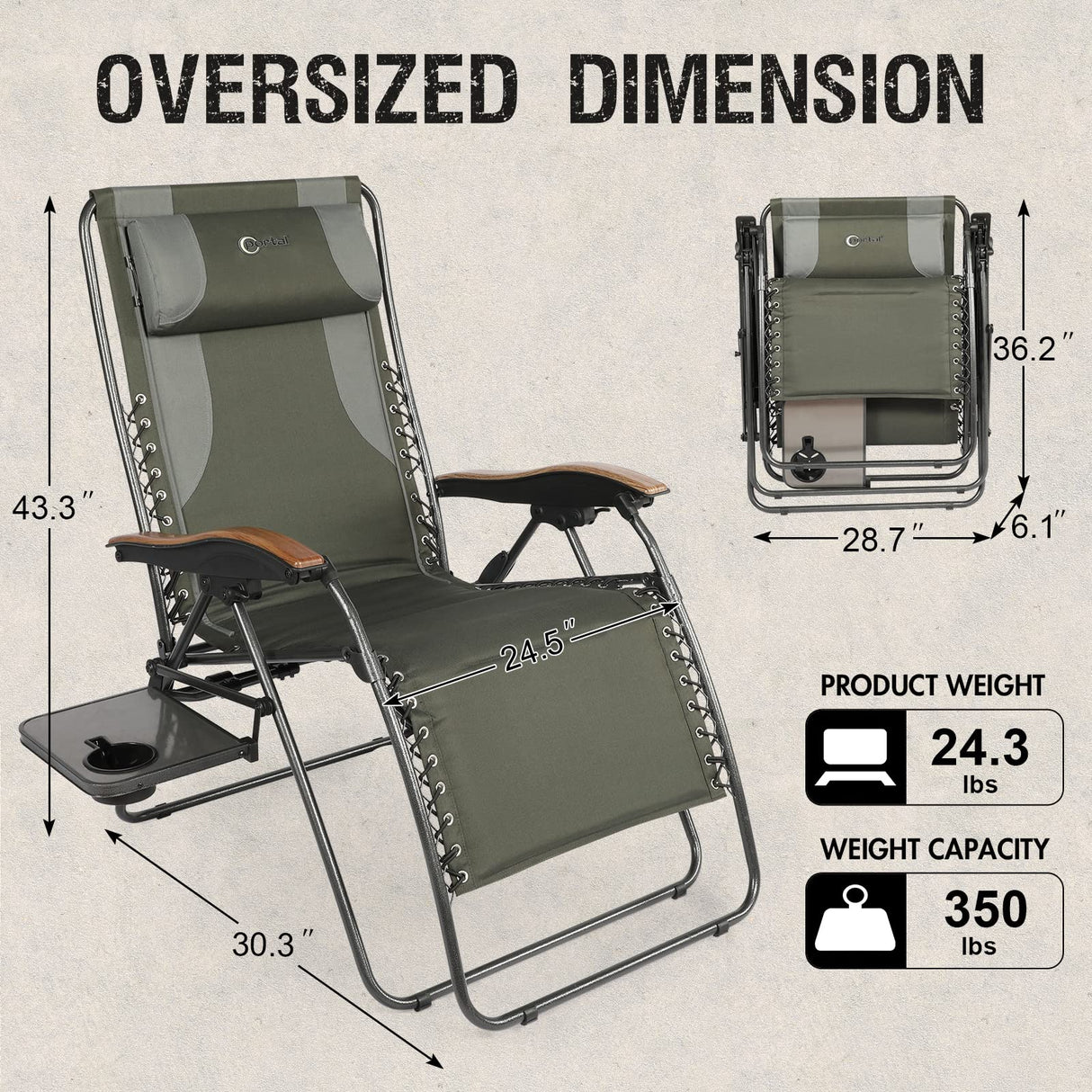 PORTAL Zero Gravity Oversized, Folding Reclining Patio, Full Padded Outdoor Foldable Lounge Chair with Adjustable Headrest, Support 350 LBS, Green PORTAL
