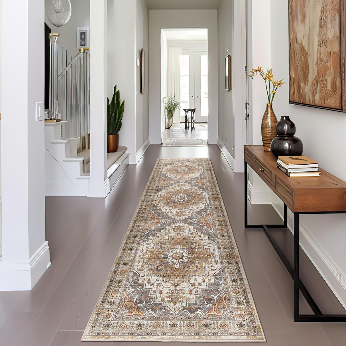 Madane Runner Rug 2x8, Washable Hallway Runner Rugs, Non-Slip Low-Pile Soft Kitchen Rug Runner Laundry Room Rug, Vintage Throw Entry Foyer Mat for Entrance Living Room (Turmeric/Grey, 2 x 8) Madane