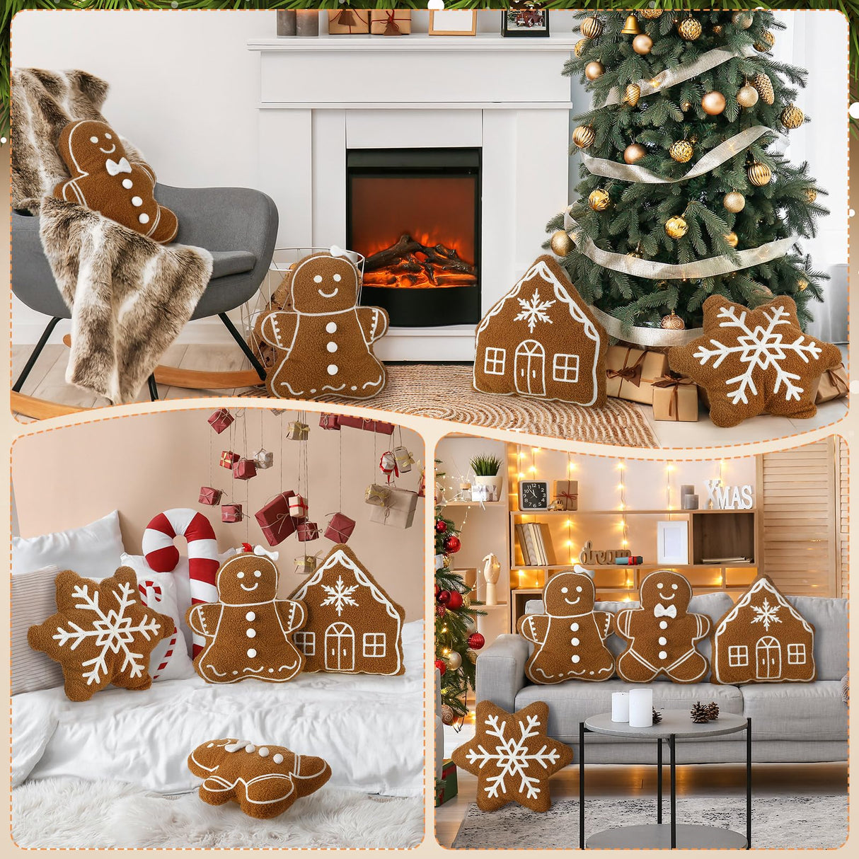 HunnmingRe 4 Pcs Christmas Throw Pillows Plush Gingerbread Men Gingerbread House Snowflake Shaped Pillow for Christmas Winter Holiday Party Outdoor Bedroom Cushion Decoration HunnmingRe