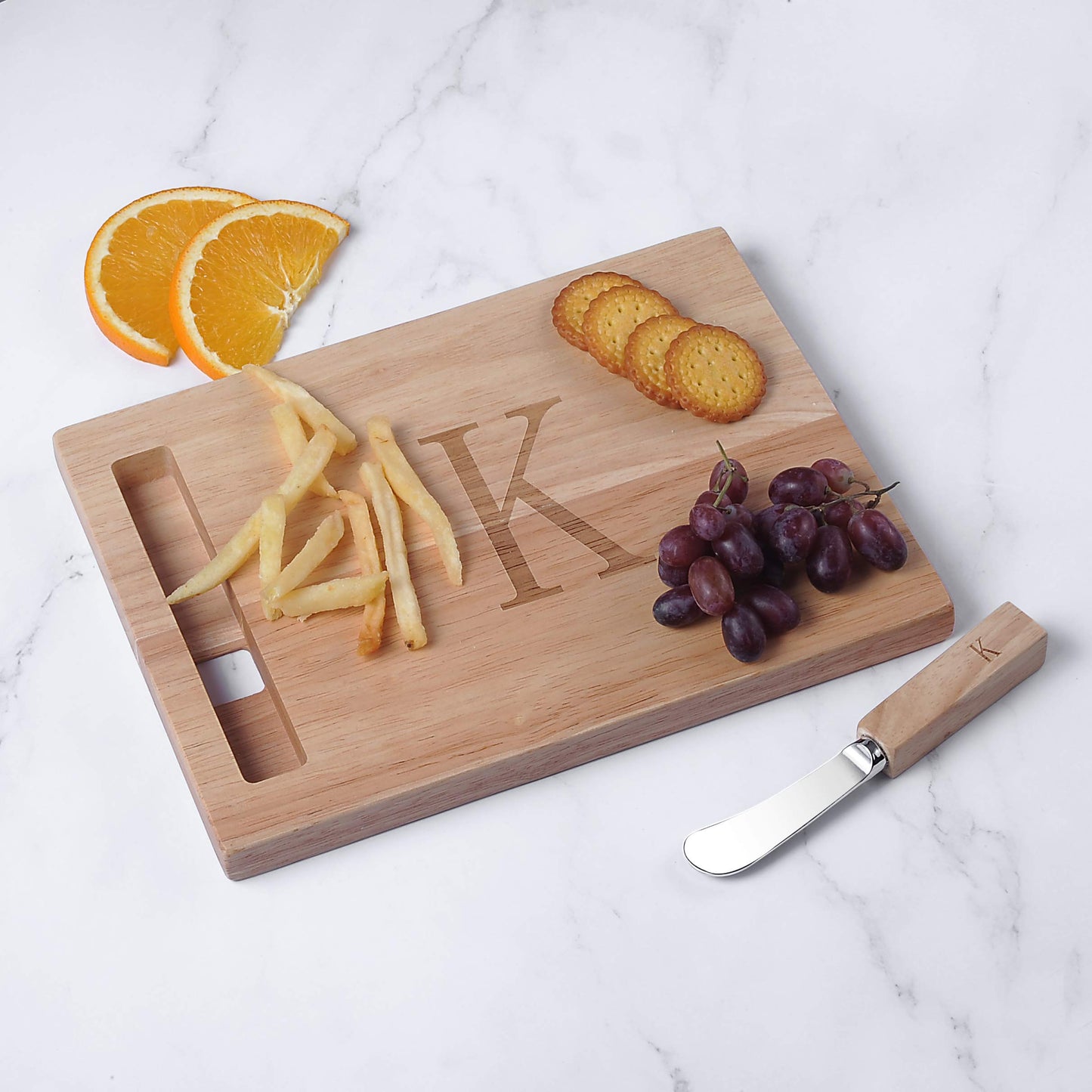 Monogram Oak Wood Cheese Board With Spreader, K-Initial (K) - WoodArtSupply