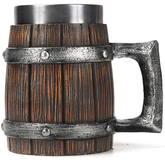 Viking Wooden Barrel Tankard Creative Hand-painted Resin Beer Stein, 304 SS Liner Wine Goblet Coffee Mug Handmade Creative Gift Home Decor, Capacity 20 OZ (Dark brown) - WoodArtSupply