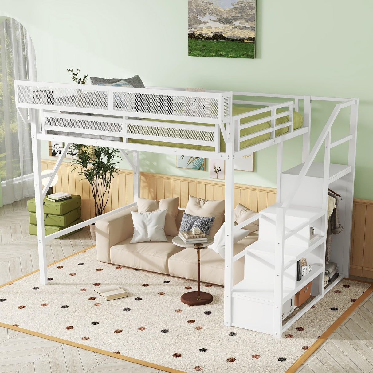 MoproBeti Queen Size Loft Bed with Stairs, Heavy Duty Metal Loft Beds Frame with Storage Shelf & Wardrobe, Tall LoftBed with Under-Bed Space for Adult Teens Junior,Space Saving Design,White MoproBeti