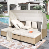 Rattan Outdoor Daybed with Retractable Canopy, 4 Pieces Patio Furniture Sets, Outdoor Sectional Sofa Set with Adjustable Backrest, Chaise Chair Sunbed for Garden Poolside Backyard,Beige Harper & Bright Designs