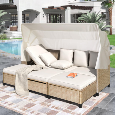 Rattan Outdoor Daybed with Retractable Canopy, 4 Pieces Patio Furniture Sets, Outdoor Sectional Sofa Set with Adjustable Backrest, Chaise Chair Sunbed for Garden Poolside Backyard,Beige Harper & Bright Designs