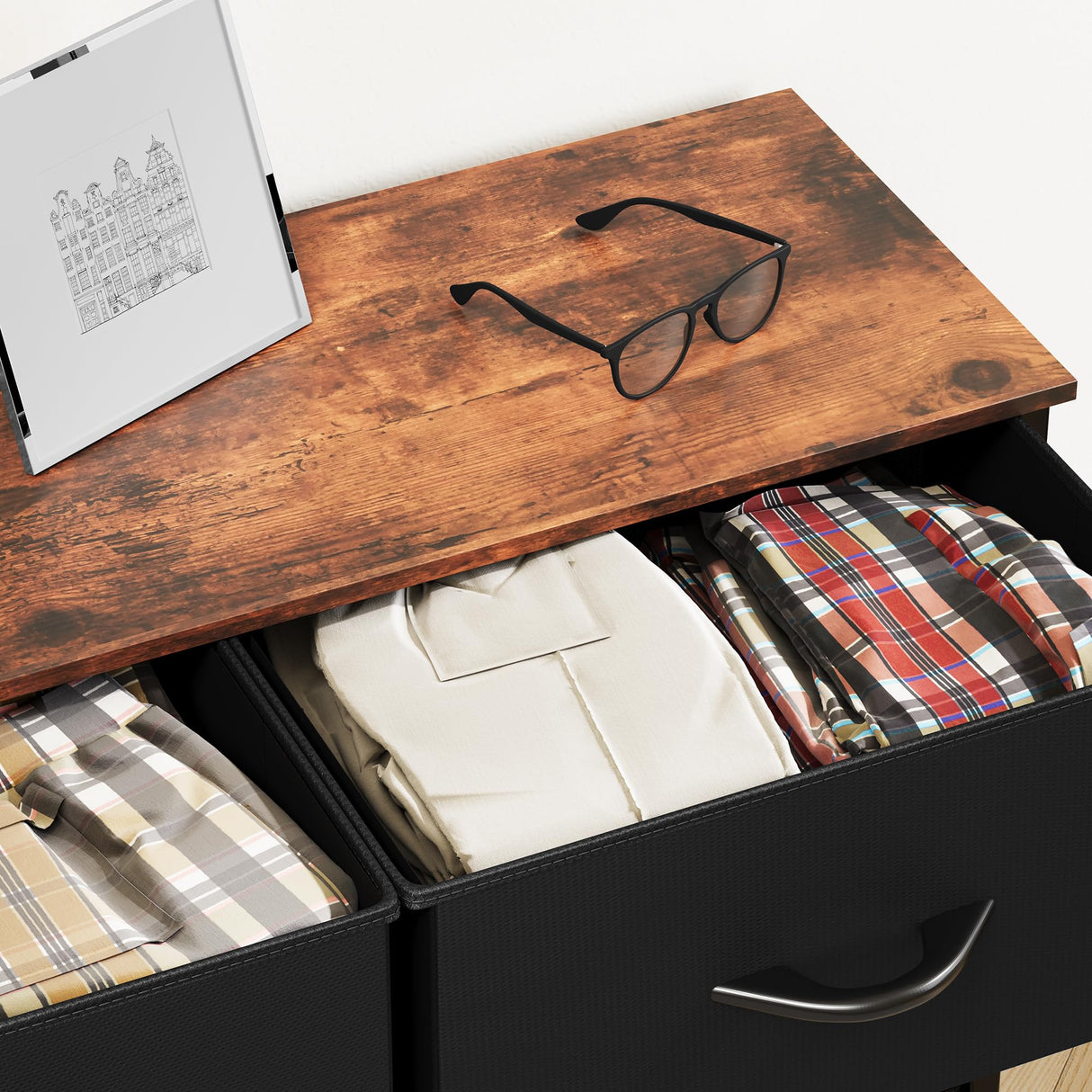 DWVO Dresser for Bedroom, Fabric Dresser with 8 Drawers, Tall Dresser, Double Dresser, Chest of Drawers for Closet, Living Room, Sturdy Steel Frame, Wooden Top, Easy Pull Handle, Black Ash DWVO