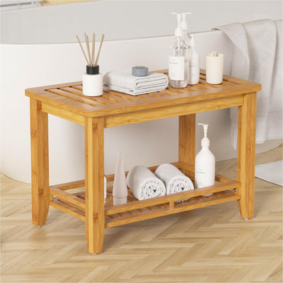 Forevich Bamboo Shower Bench Stool Bathroom Shower Chair Seat with Storage Shelf Spa Bath Foot Rest for Insider Shower Bathtub Elderly and Disabled Natural